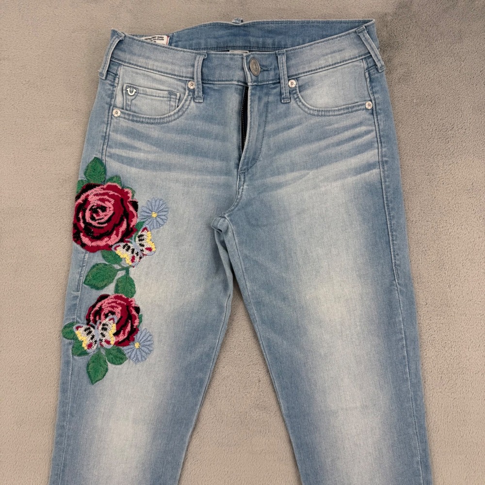 True Religion Halle Super Skinny Jeans Womens 25 Light Wash Floral Embroidered - Picture 3 of 16